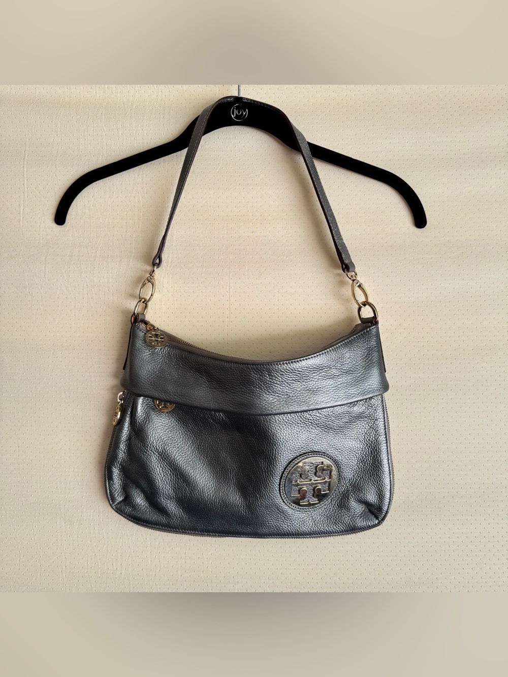 Tory Burch Dark Silver Pebbled Leather Shoulder Bag w/ Gold Accents